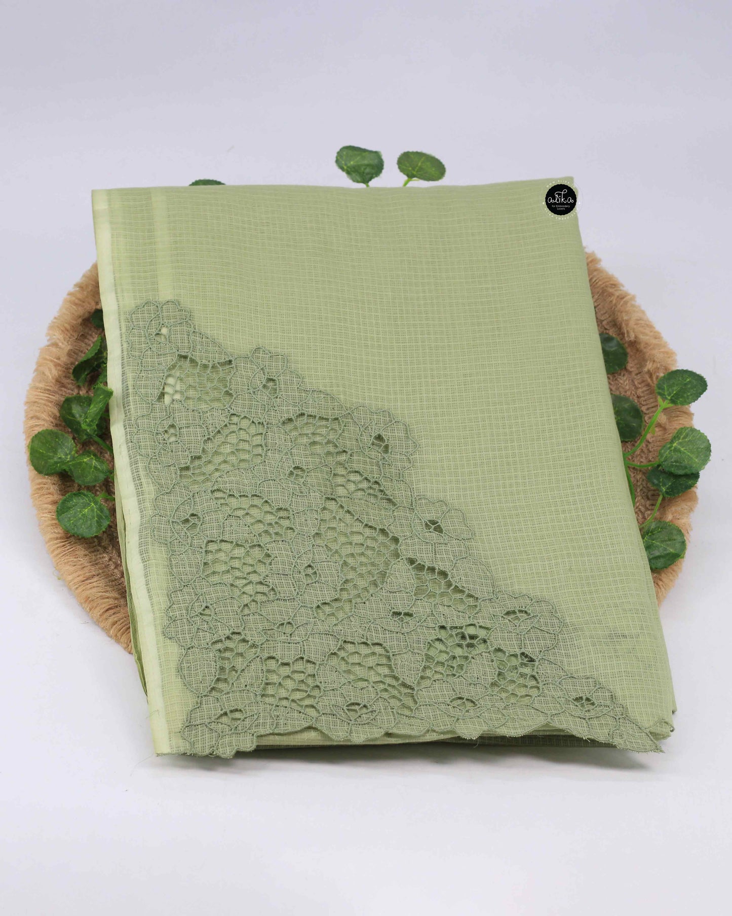 Pistachio Green Cotton Kota Saree with Floral Cutwork Border