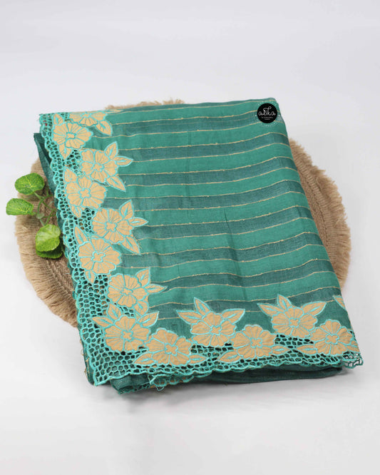 Green Tussar Silk Saree with Floral Cutwork Border