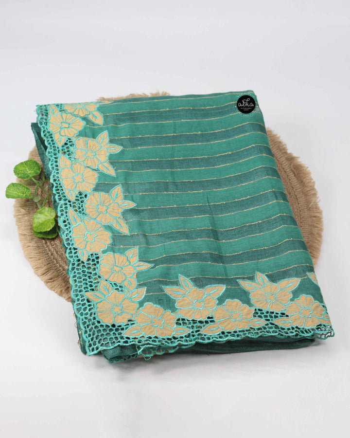 Green Tussar Silk Saree with Floral Cutwork Border