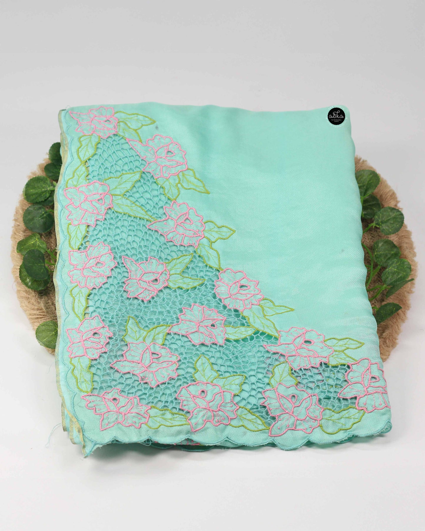 Aqua Green Crispy Georgette Saree with Floral Cutwork