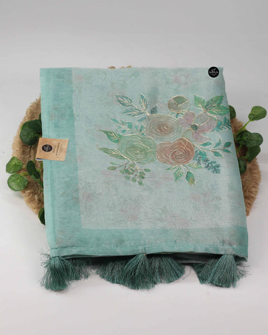 Light Sea Green Chanderi Saree with Floral Zari Work