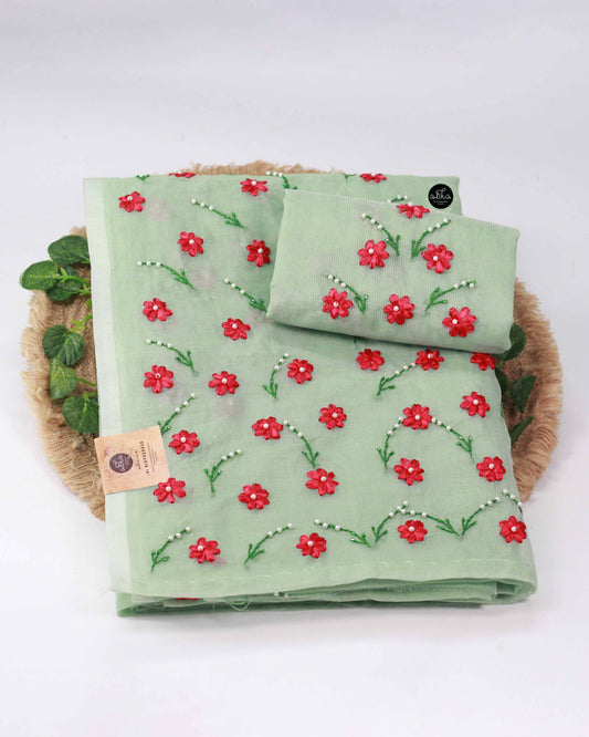 Mint Green Kota Saree with Red Floral Ribbon Work