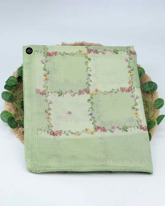 Light Green Silky Kota Saree with Floral Prints & Sequins | Alika Fashion Store