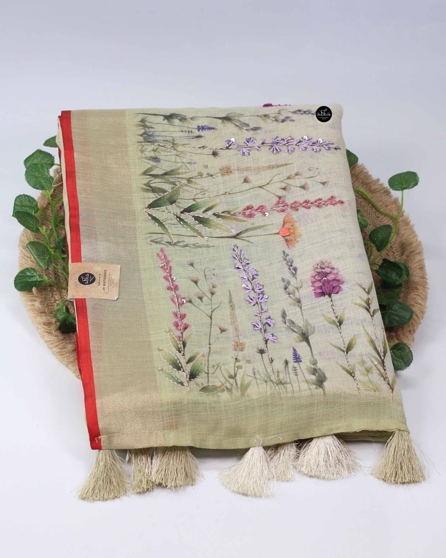 Linen Tissue Saree with Floral Print Hand Embroidery