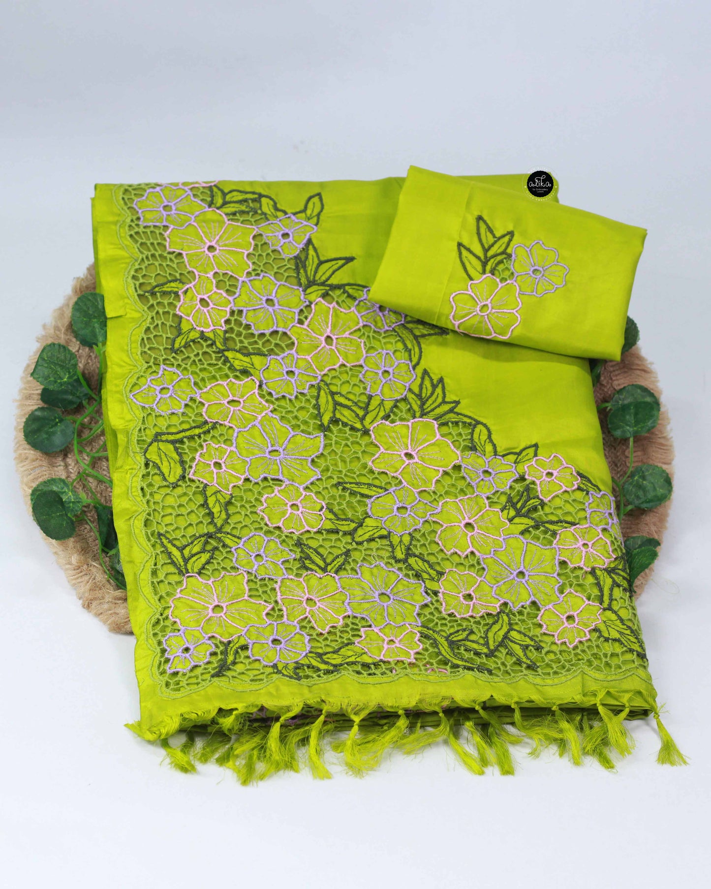 Lime Green Pure Silk Saree with Twine Cutwork