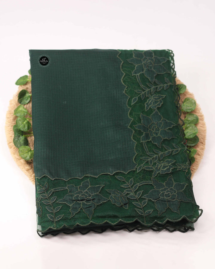 Dark Green Silky Kota Saree with Floral Net Applique Work