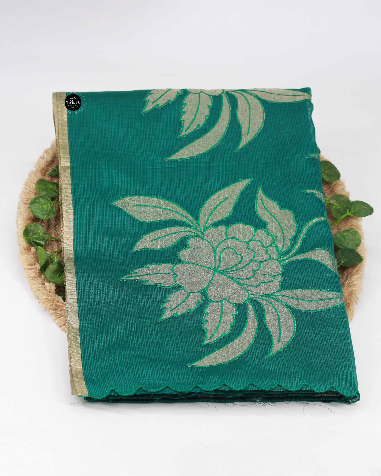 Peacock Green Semi-Organza Saree with Gold Appliqué Work – Luxury Designer Wear