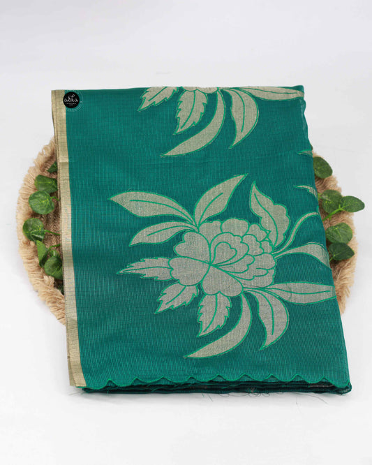 Peacock Green Semi-Organza Saree with Gold Appliqué Work – Luxury Designer Wear