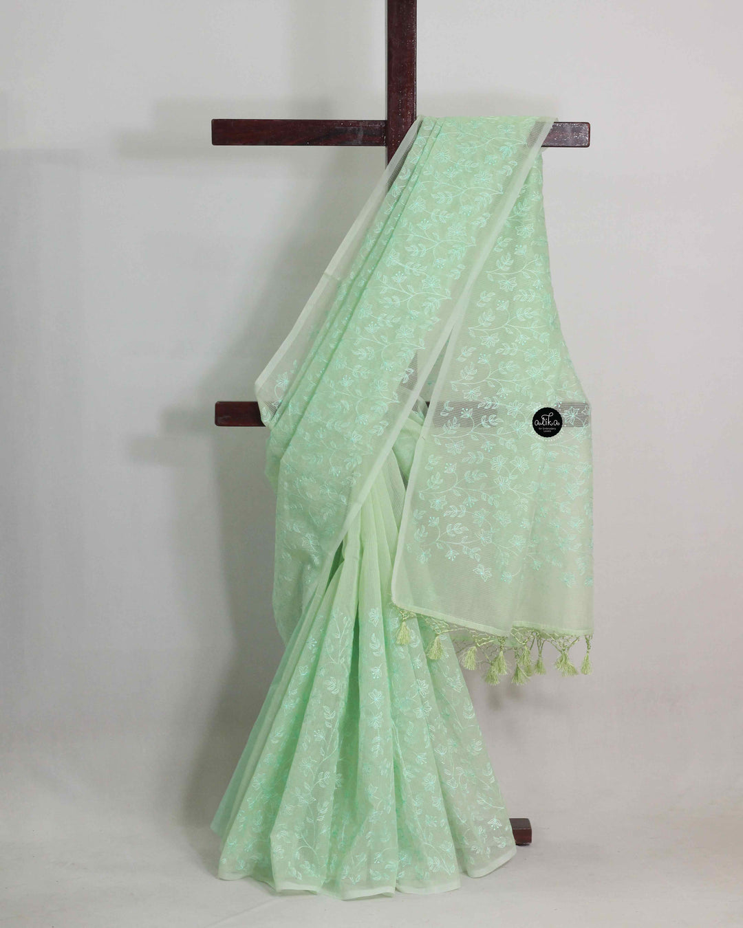 Pastel Green Check Kota Saree with Floral Machine Embroidery
