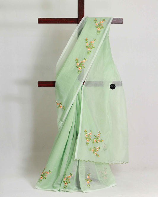 Mint Green Kora Saree with Floral Machine Embroidery – Elegant Party Wear
