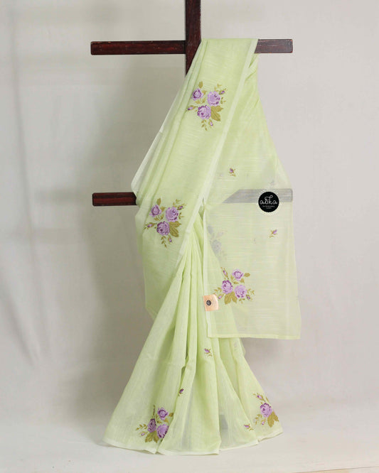 Light Green Kota Saree with Floral Cross Stitch Embroidery