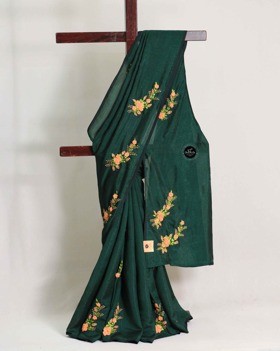 Dark Green Semi Silk Saree with Floral Ribbon Work
