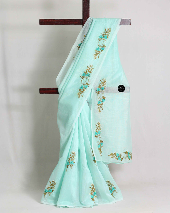 Light Aqua Green Kota Saree with Hand Embroidery