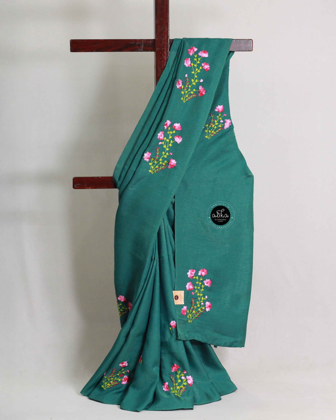 Teal Green Semi Silk Saree with Floral Hand Embroidery