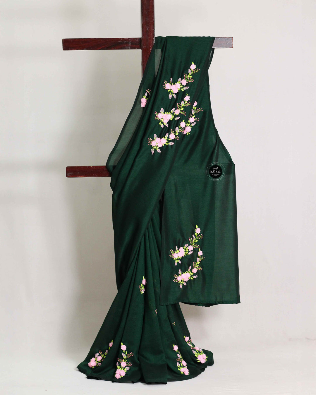 Dark Green Semi Silk Saree with Floral Ribbon Work