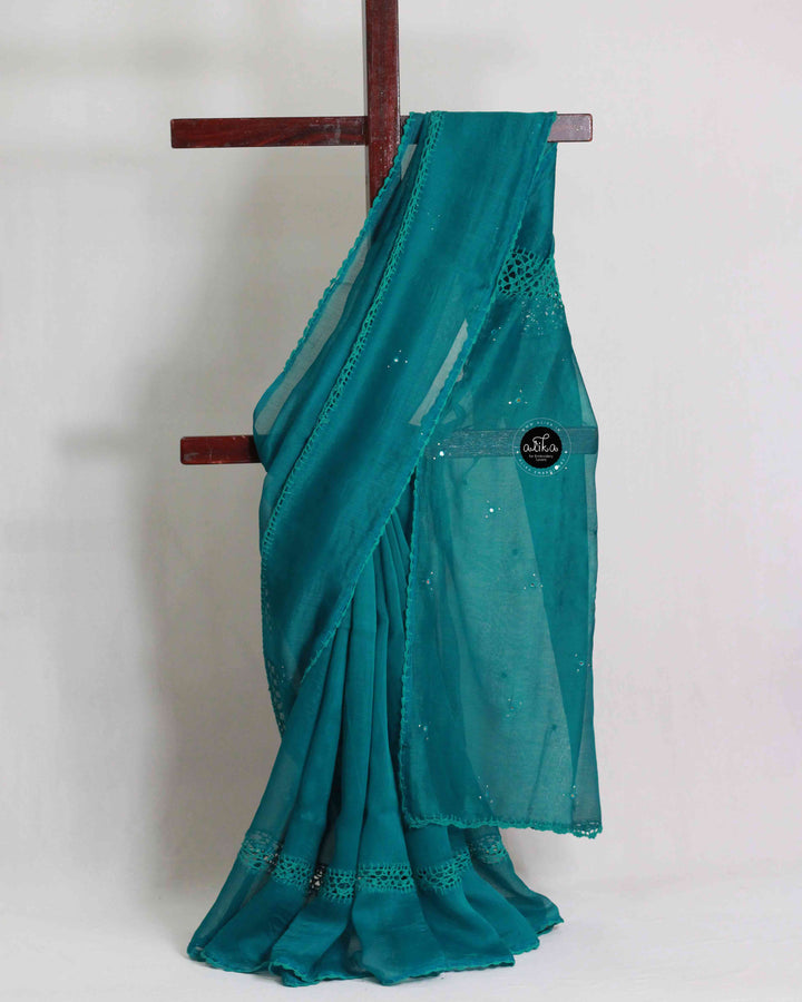 Teal Green Kota Doria Saree with Crochet Detailing and Mirror Work