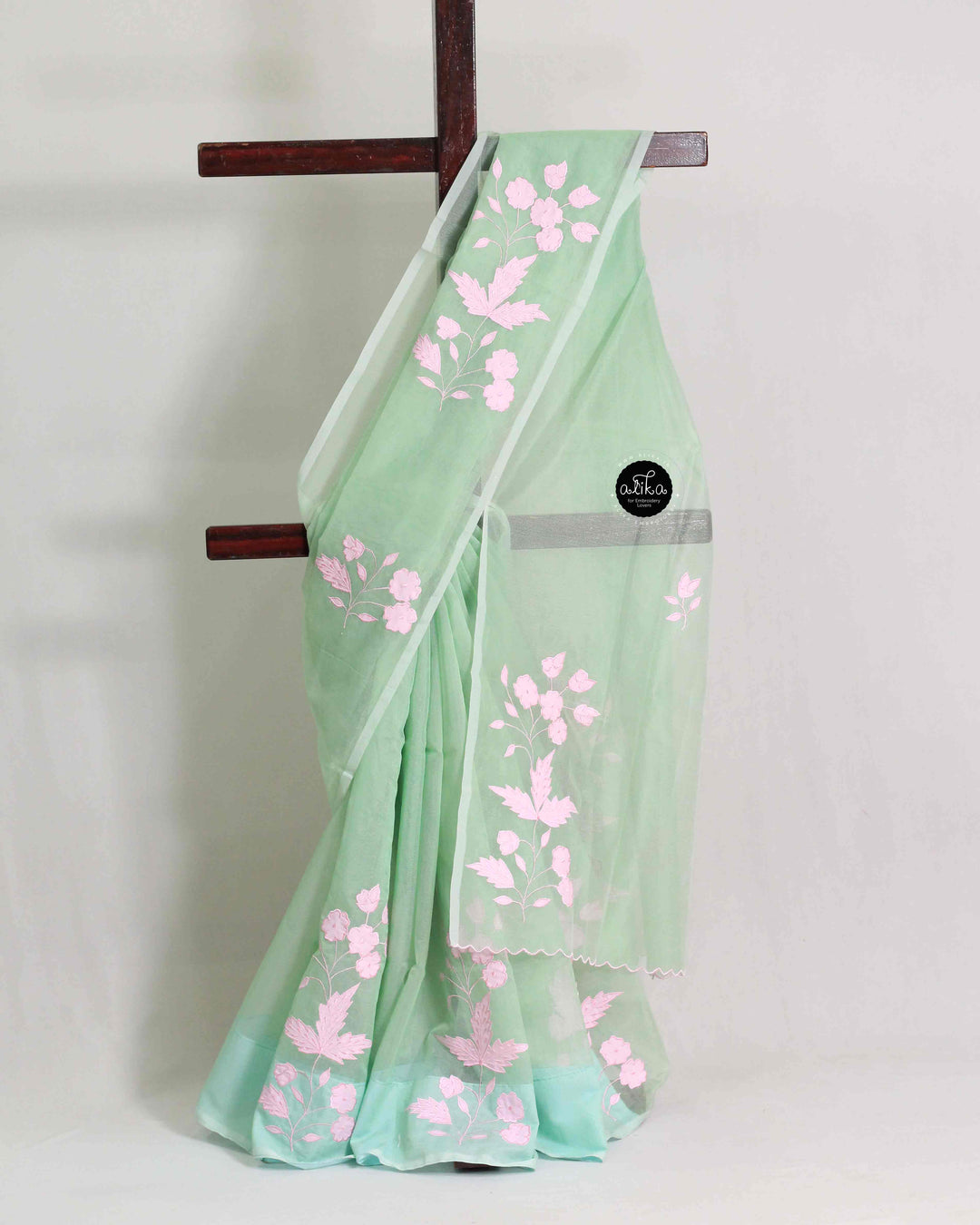 Pista Green Kota Saree with Floral Pink Applique Work
