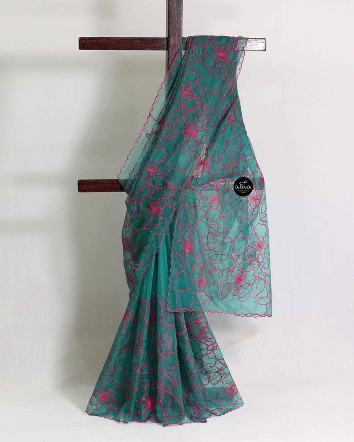 Teal Green Organza Saree with Rani Pink Floral Embroidery