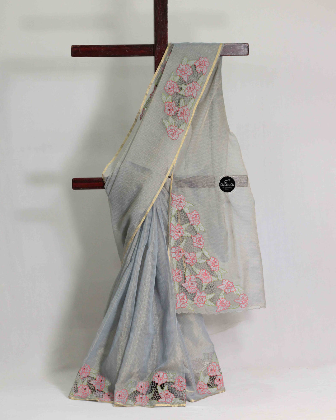 Tissue Saree with Floral Twine Cutwork Embroidery