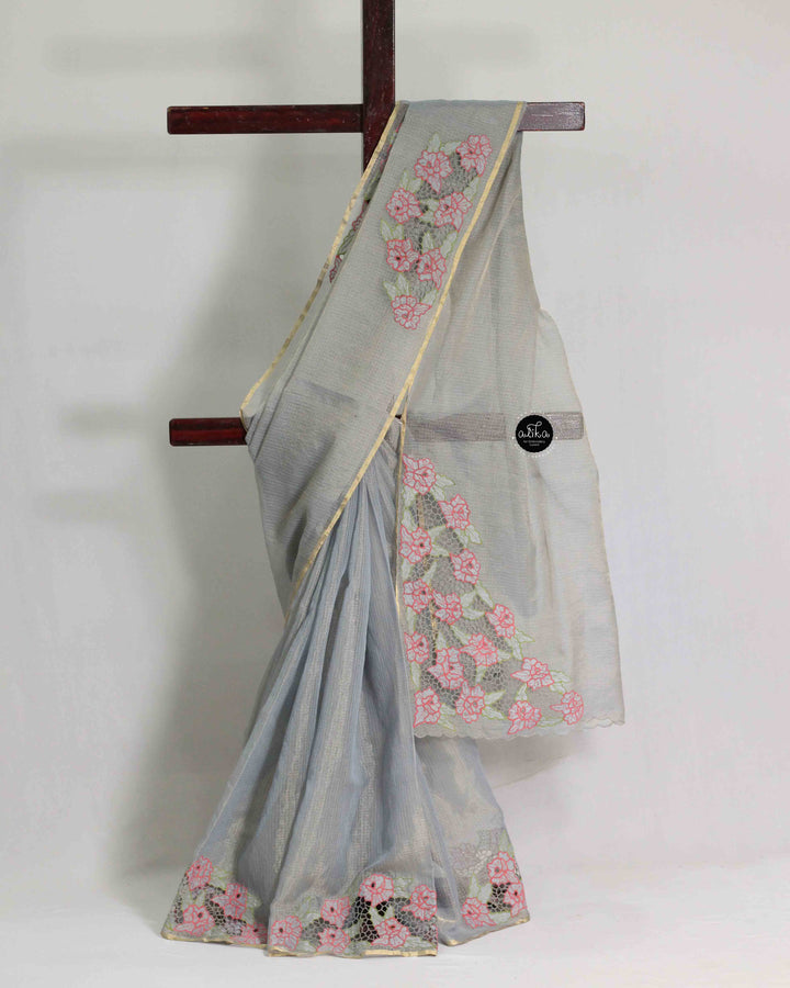 Tissue Saree with Floral Twine Cutwork Embroidery
