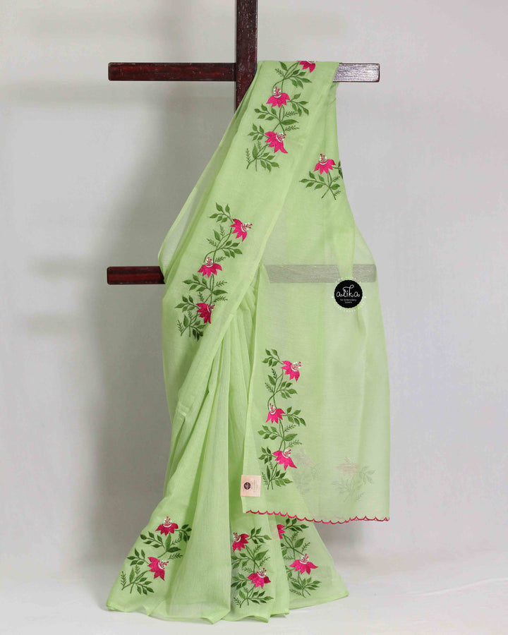 Pista Green Kota Saree with Floral Machine Embroidery