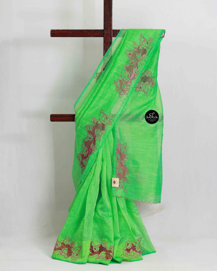 Light Green Kota Saree with Floral Cutwork