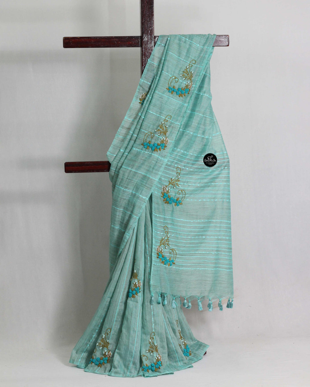 Sea Blue Semi Linen Saree with Floral Hand Embroidery