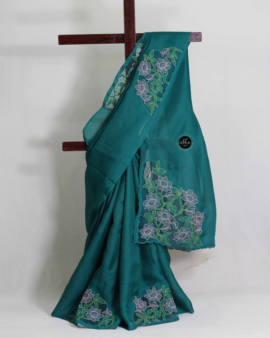 Teal Green Jute Saree with Floral Twine Cutwork