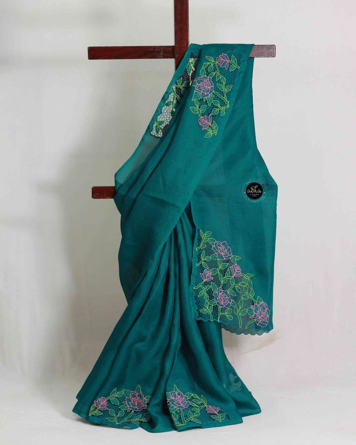 Teal Green Jute Saree with Floral Twine Cutwork