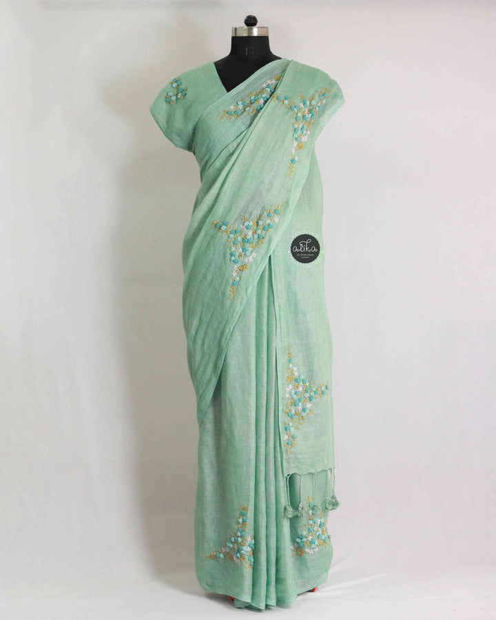 Bright Sea Green Pure Linen Saree with Floral Hand Embroidery