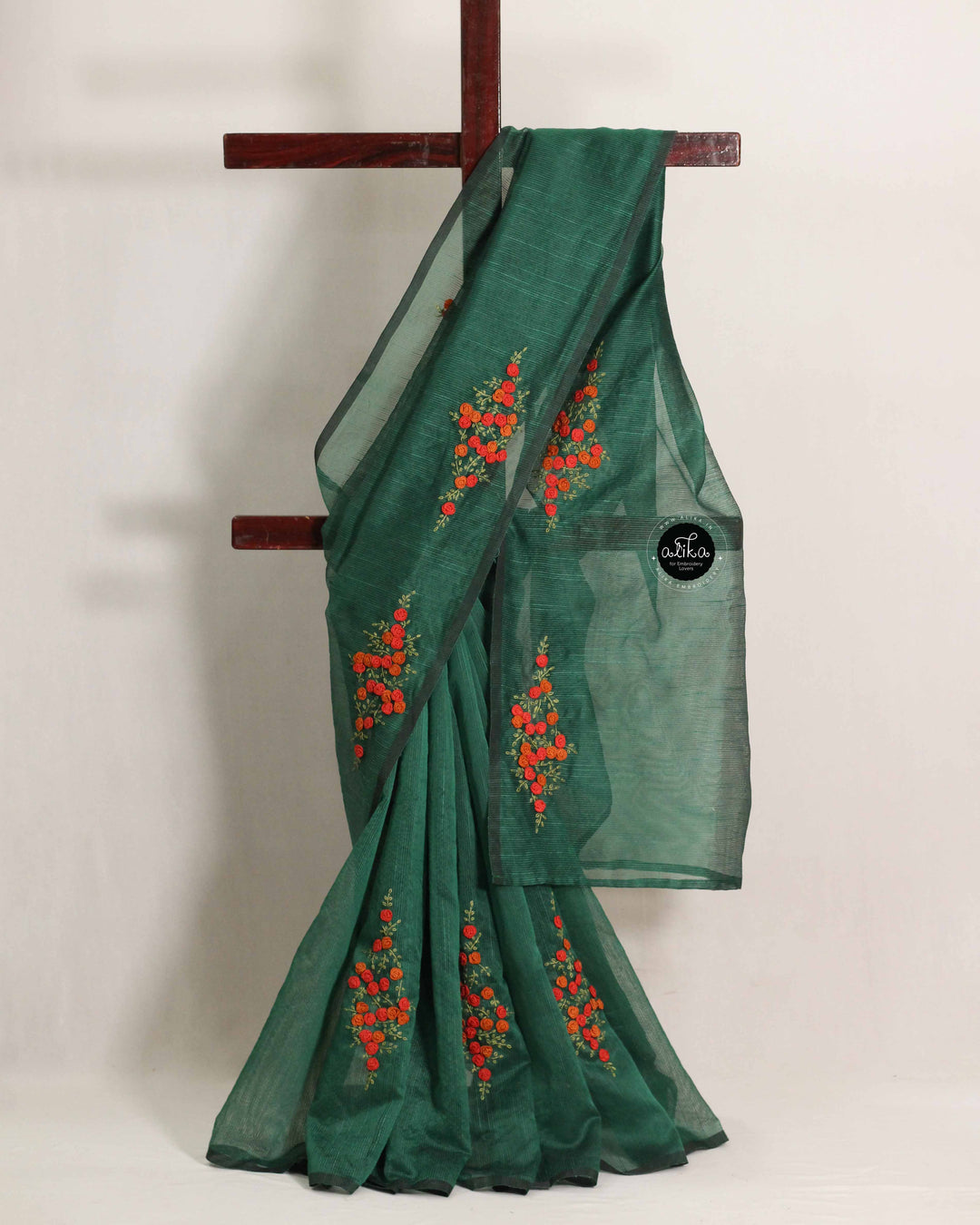 Dark Green Kota Saree with Floral Hand Embroidery