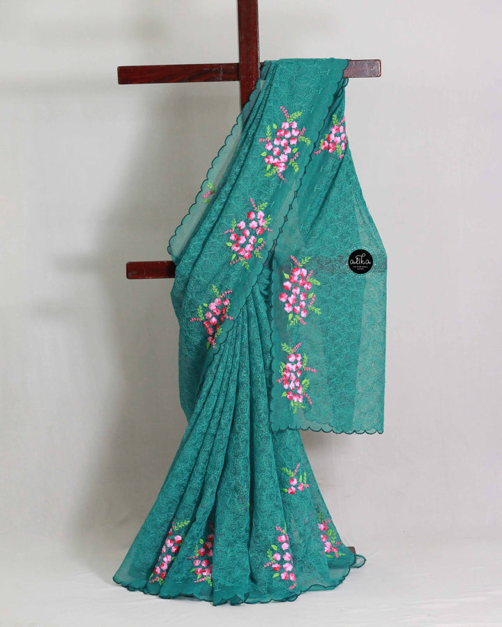 Teal Green Phulkari Saree with Floral Hand Embroidery &amp; Bead Work