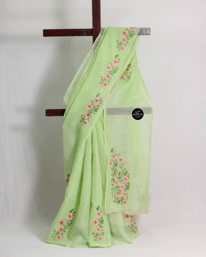 Pista Green Kota Saree with Floral Machine Embroidery