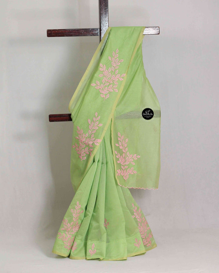 Light Green Kota Saree with Floral Appliqué Work