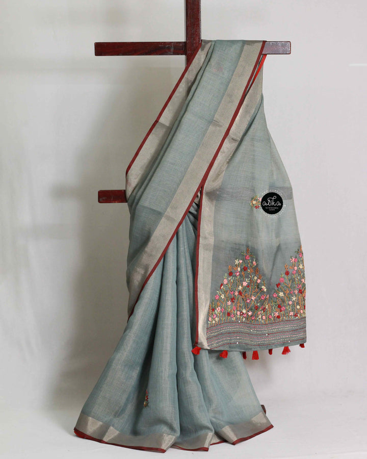 Ocean Green Tissue Linen Saree with Floral Hand Embroidery