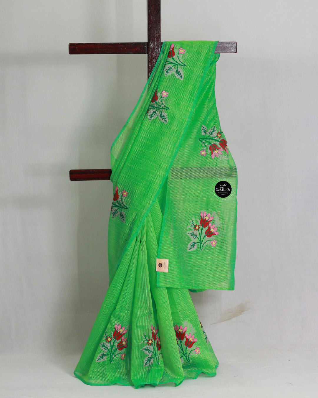 Light Green Kota Saree with Floral Cross Stitch Embroidery