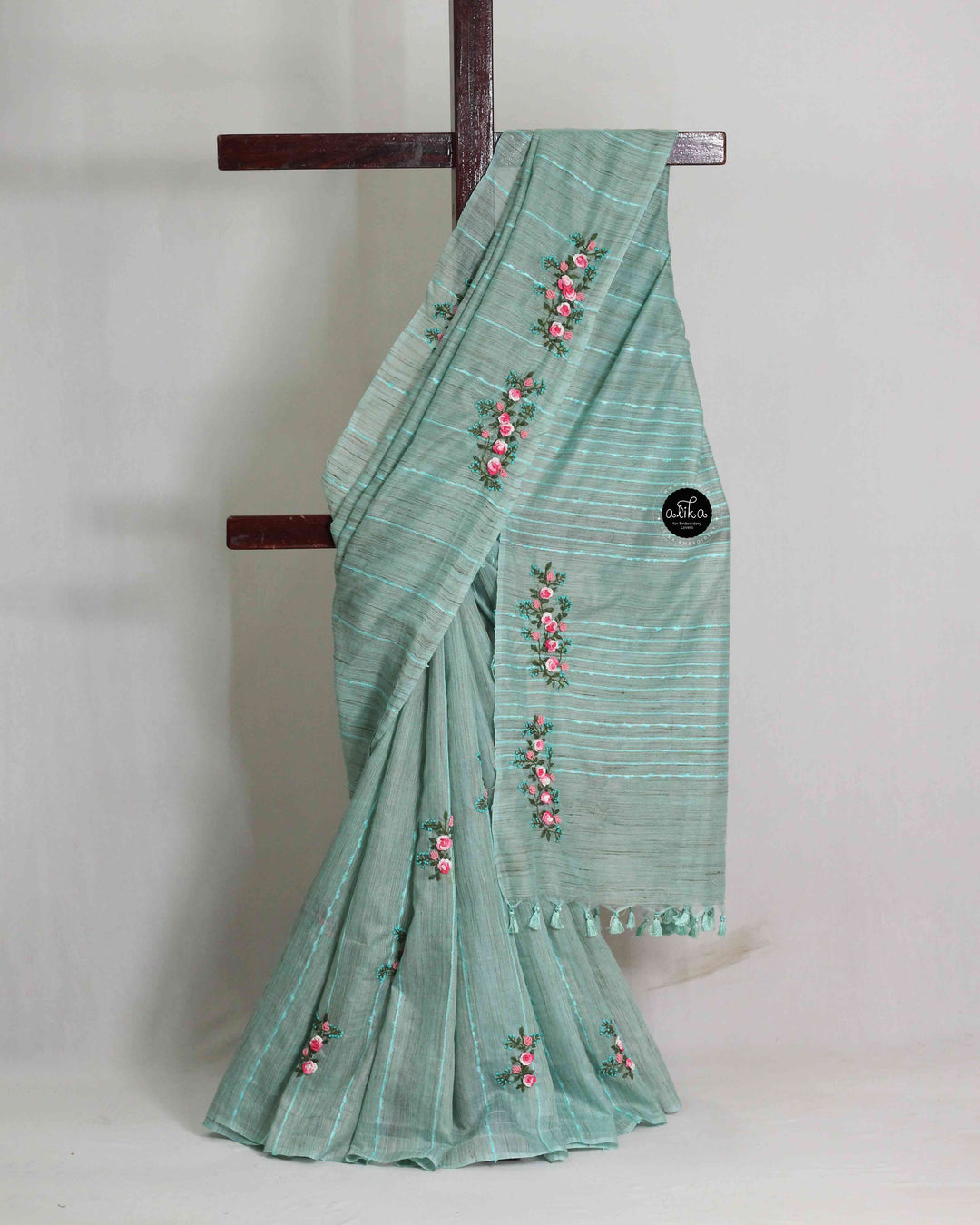 Sea Blue Semi Linen Saree with Floral Hand Embroidery