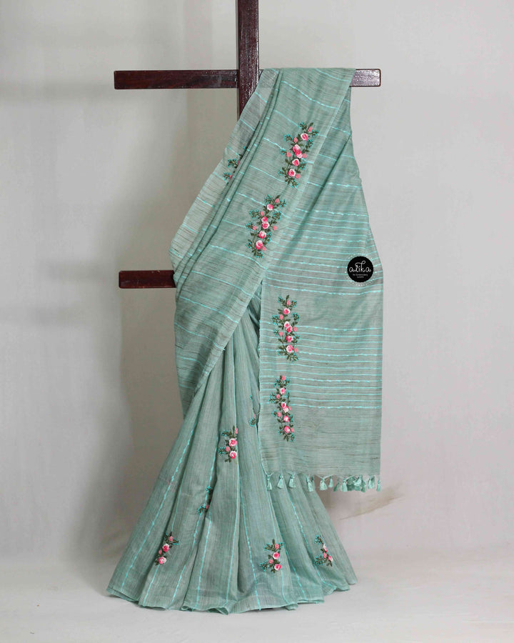Sea Blue Semi Linen Saree with Floral Hand Embroidery
