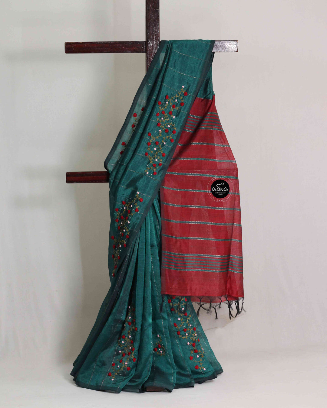 Dark Green &amp; Red Pure MangalGiri Silk Saree with Floral Hand Embroidery &amp; Bead Work