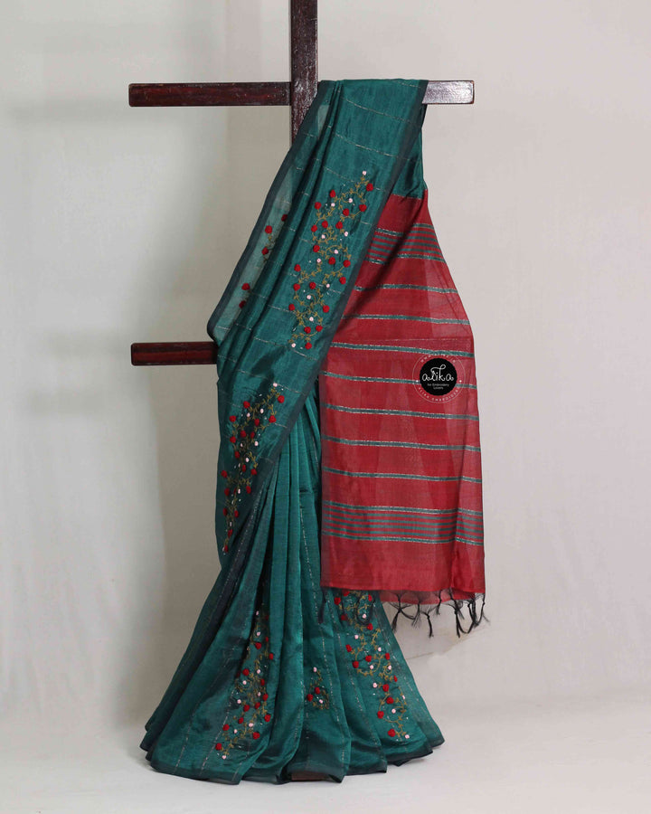 Dark Green &amp; Red Pure MangalGiri Silk Saree with Floral Hand Embroidery &amp; Bead Work