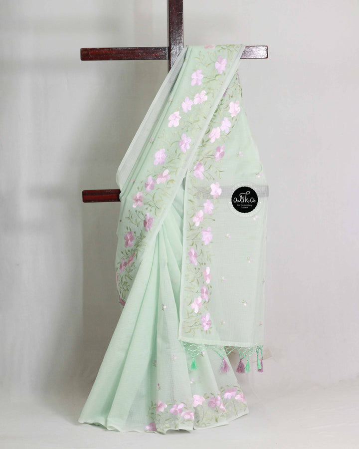 Mint Green Silky Kota Saree with Floral Machine Embroidery