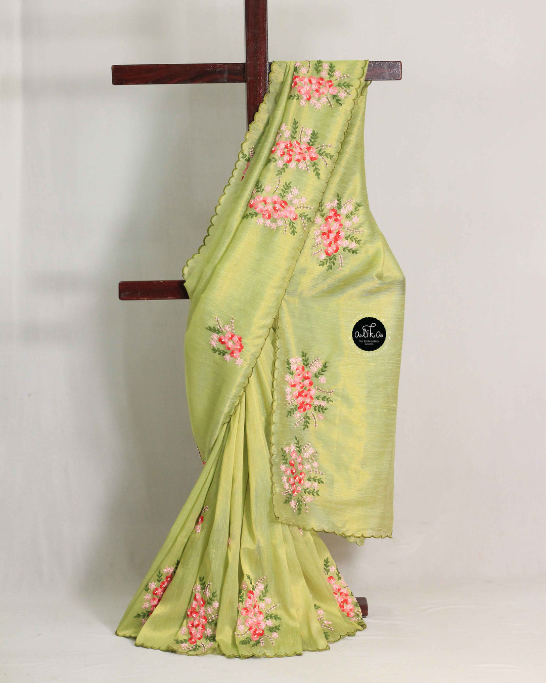 Pista Green Designer Silk Saree with Floral Hand Embroidery &amp; Bead Work