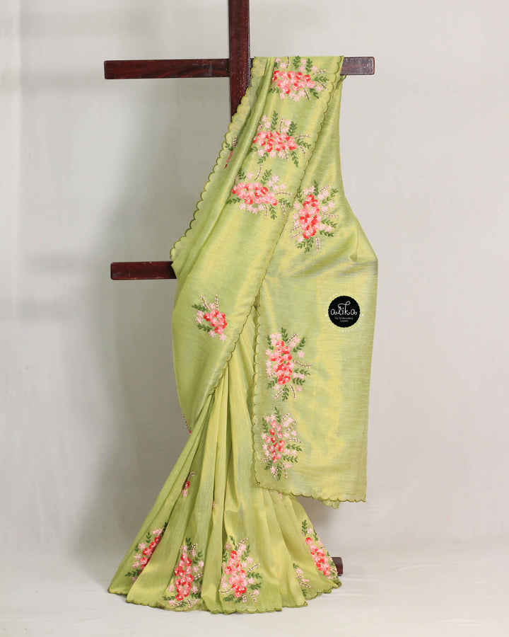 Pista Green Designer Silk Saree with Floral Hand Embroidery &amp; Bead Work