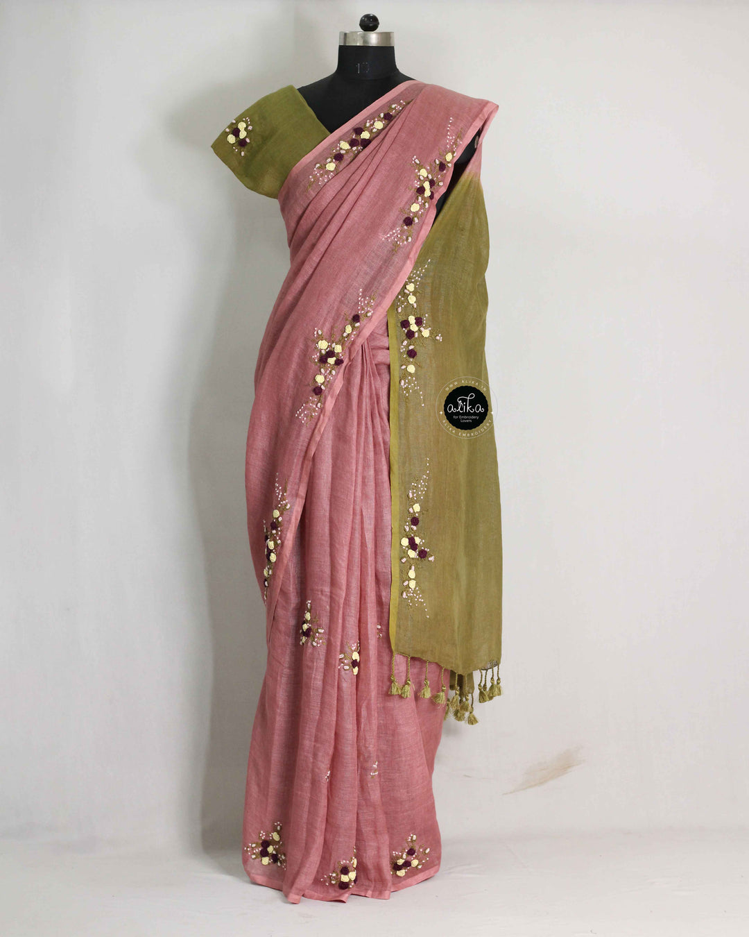 Dusty Rose &amp; Olive Green Double-Shaded Pure Linen Saree with Floral Hand Embroidery