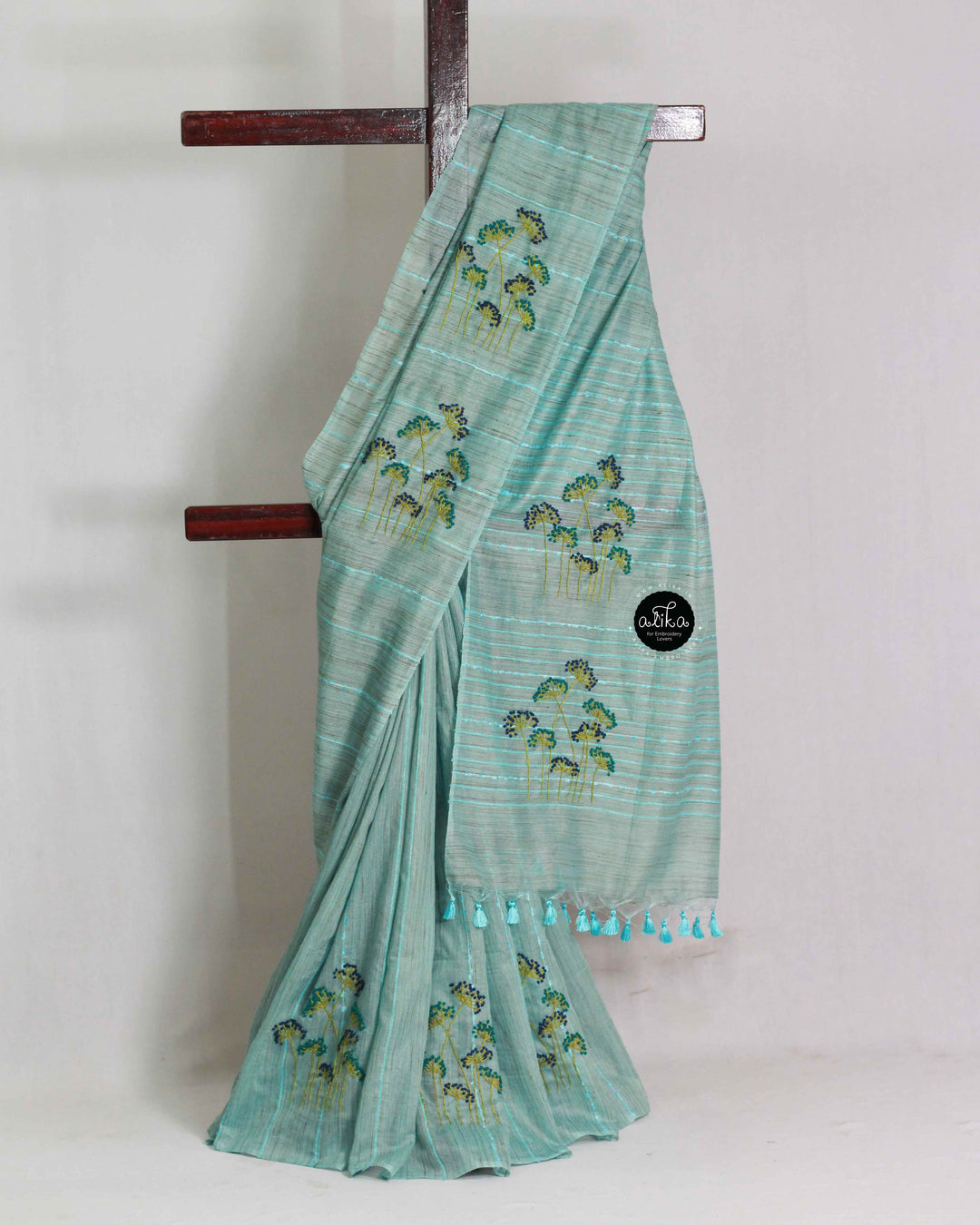 Sea Blue Bamboo Silk Saree with Floral Hand Embroidery