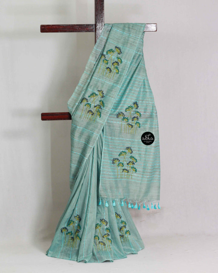 Sea Blue Bamboo Silk Saree with Floral Hand Embroidery