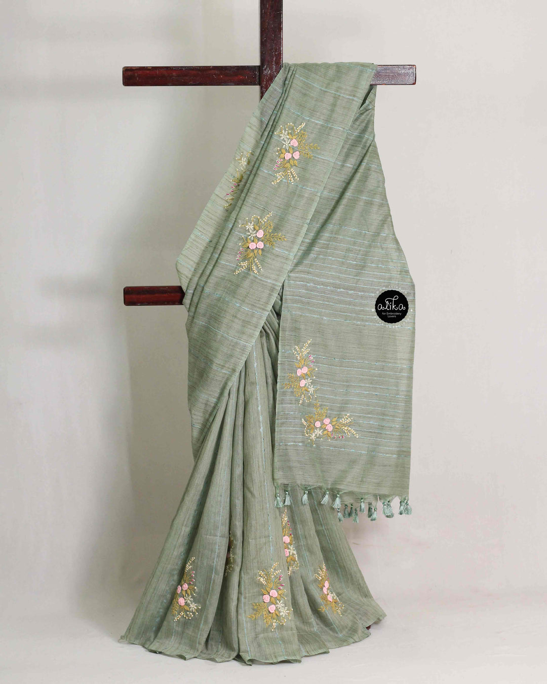 Sage Green Bamboo Silk Saree with Floral Hand Embroidery