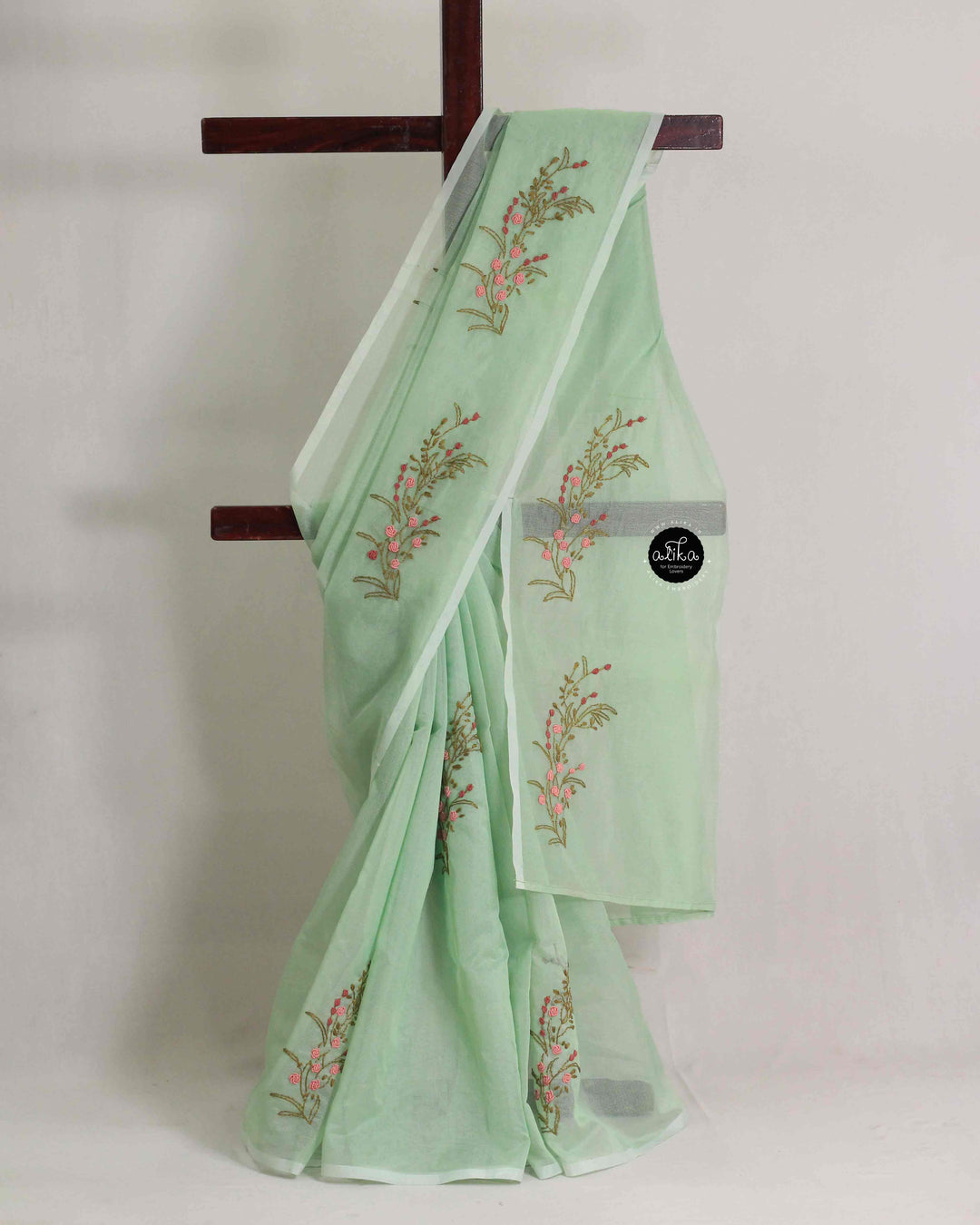 Pista Green Kota Saree with Floral Hand Embroidery