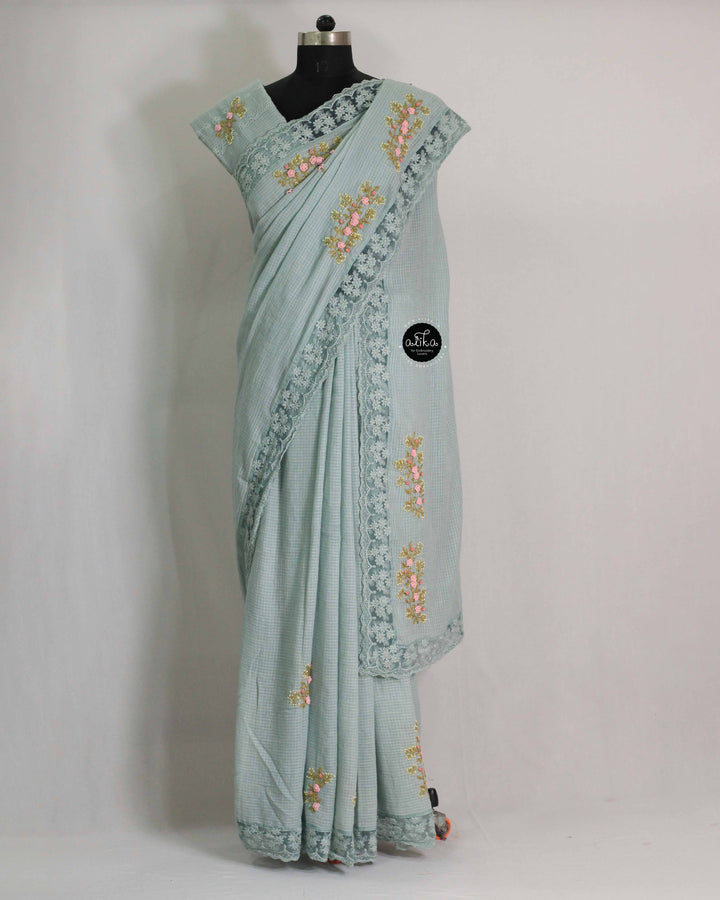 Light Turquoise Pure Cotton Saree with Floral Hand Embroidery &amp; Lace Border
