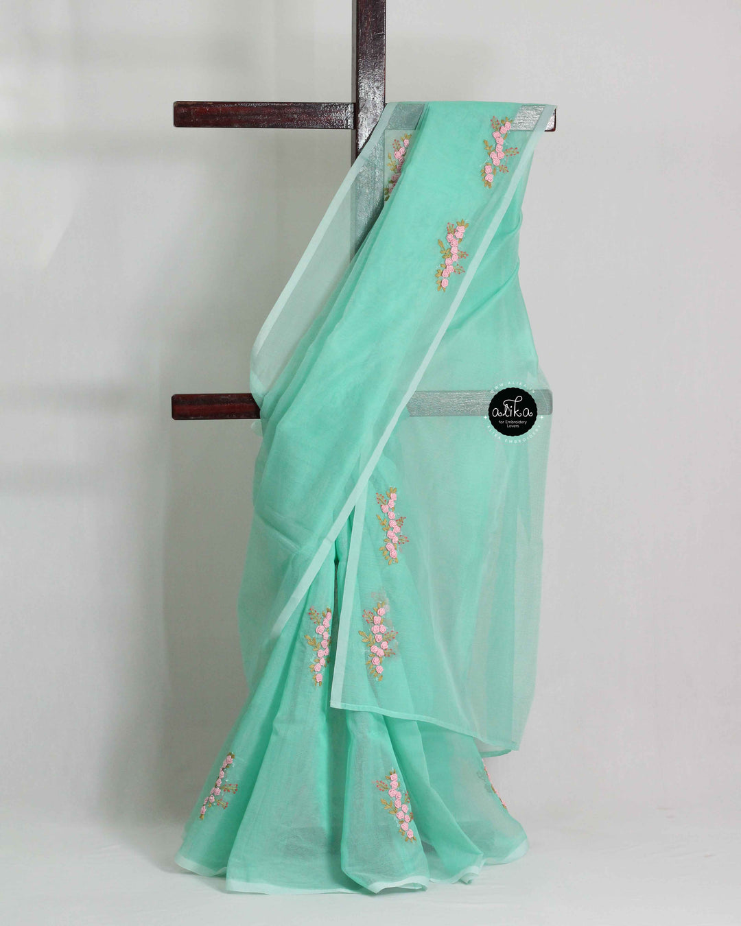 Light Aqua Green Kota Saree with Floral Hand Embroidery